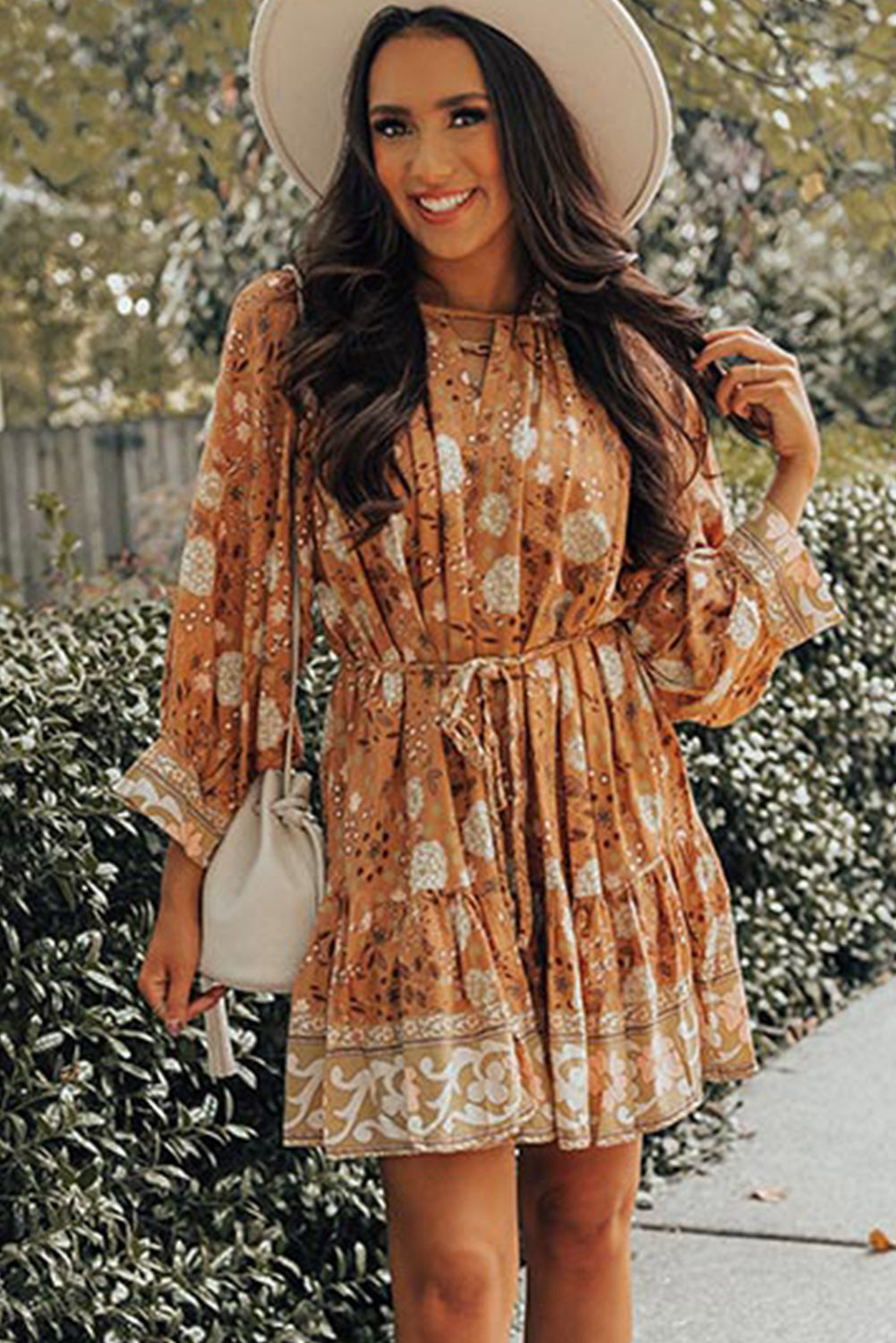 Camel 3/4 Sleeve Tie Waist Pleated Short Boho Floral Dress Dresses JT's Designer Fashion