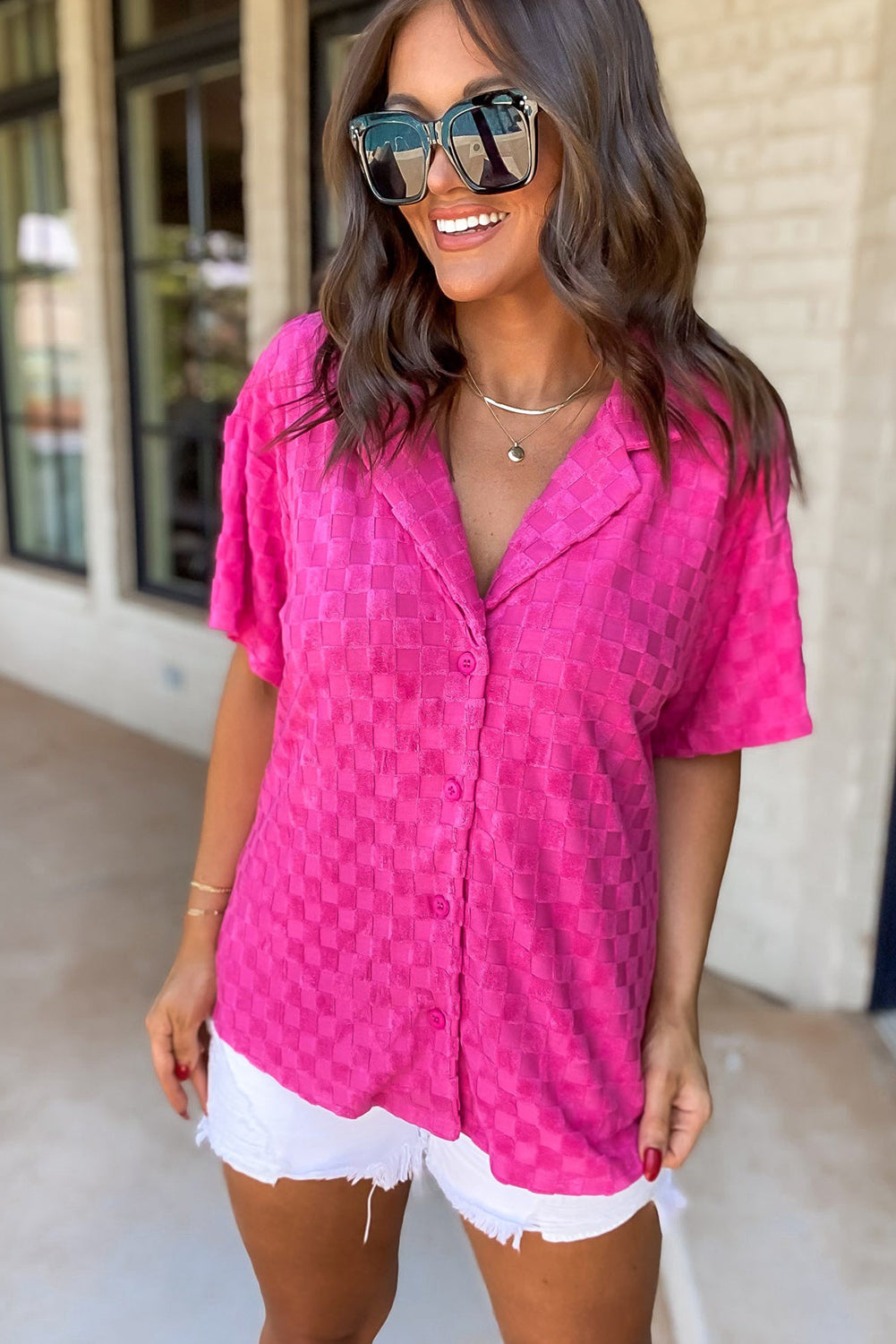 Bright Pink Lapel Neck Checkered Textured Shirt Tops & Tees JT's Designer Fashion