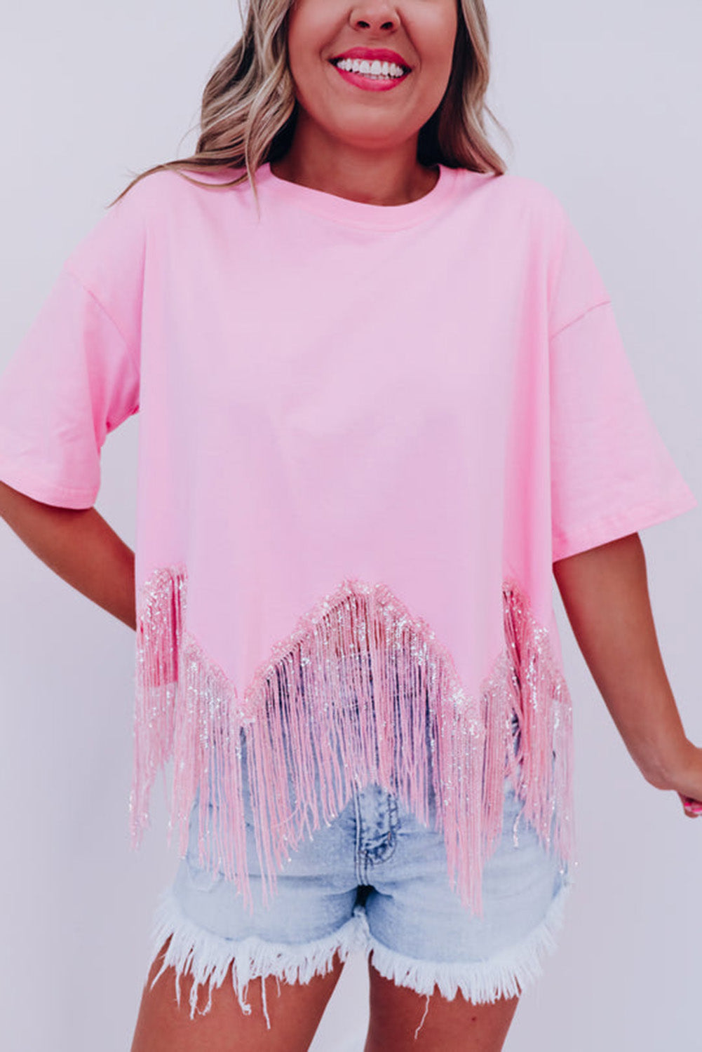 Pink Fringed Sequin Crop T-shirt Tops & Tees JT's Designer Fashion