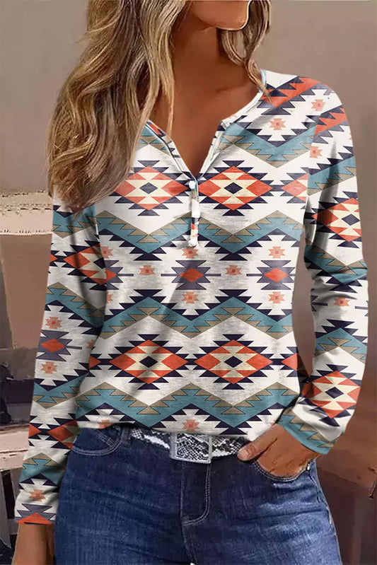 White Aztec Geometric Print Long Sleeve Henley Top Tops & Tees JT's Designer Fashion