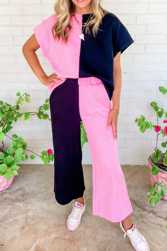 Multicolour Contrast Color Block Textured Loose Pant Set Bottoms JT's Designer Fashion