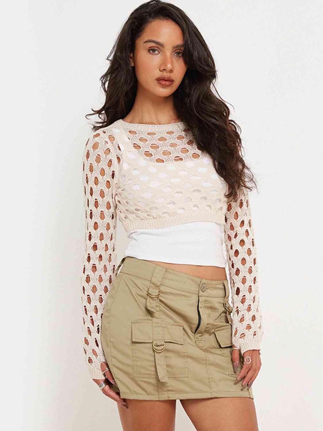 Openwork Long Sleeve Cropped Knit Top Cream Crop Tops JT's Designer Fashion