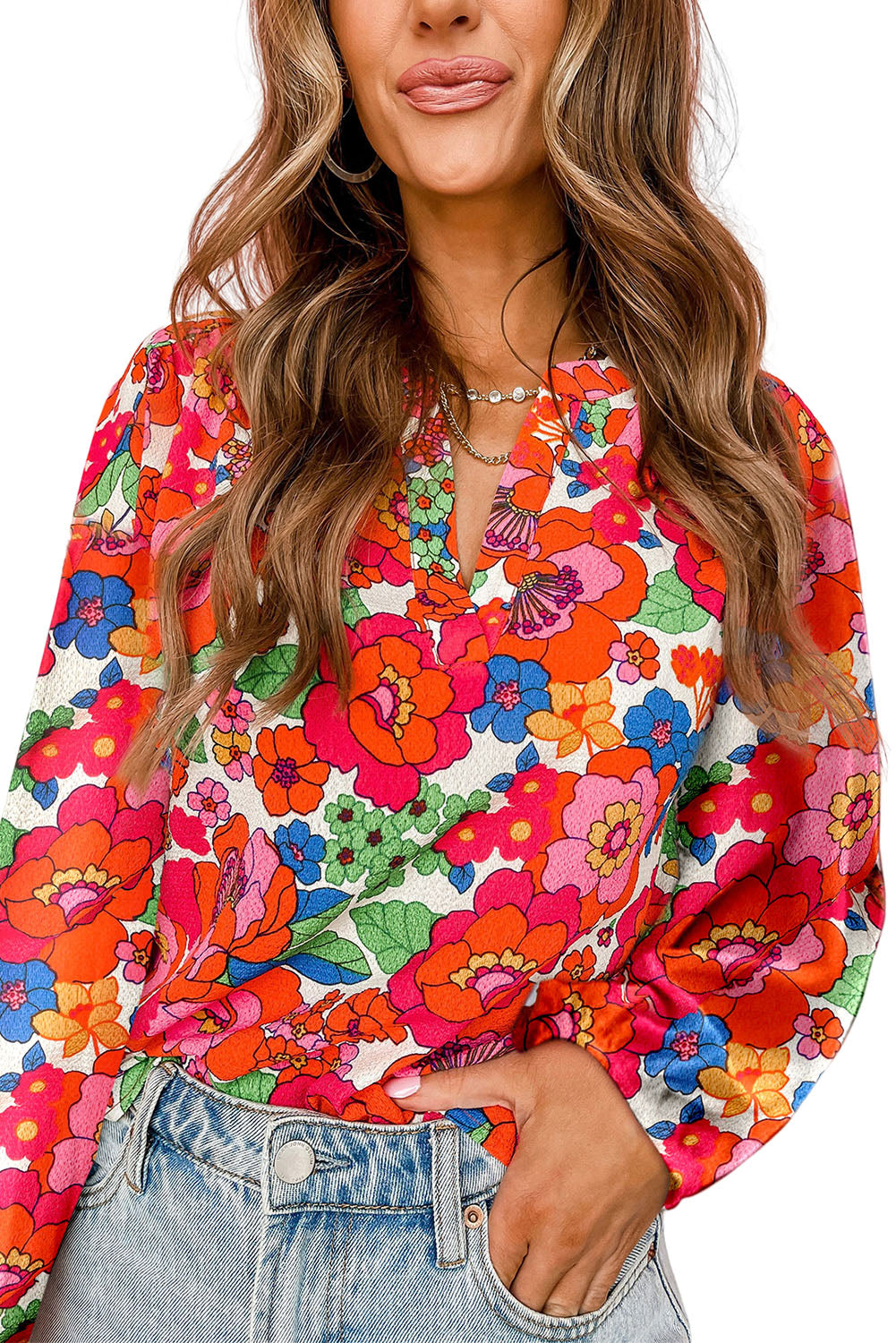 Multicolour Floral Split Neck Puff Sleeve Blouse Tops & Tees JT's Designer Fashion