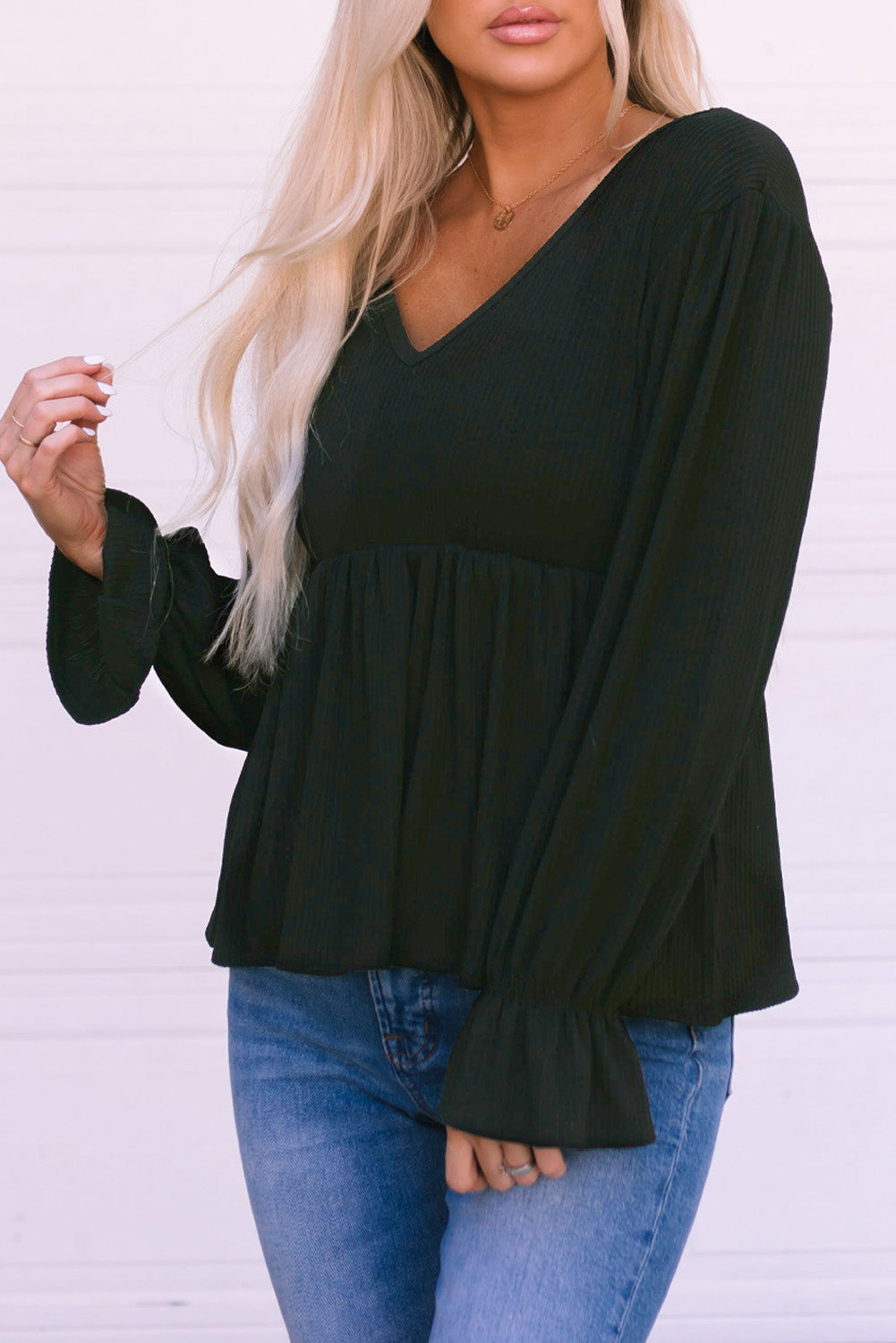 Black Pleated Ruffled V Neck Babydoll Top Black 95%Polyester+5%Elastane Long Sleeve Tops JT's Designer Fashion