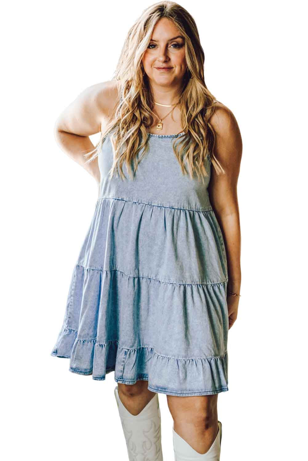 Sky Blue Plus Size Tiered Spaghetti Strap Denim Mini Dress Plus Size JT's Designer Fashion