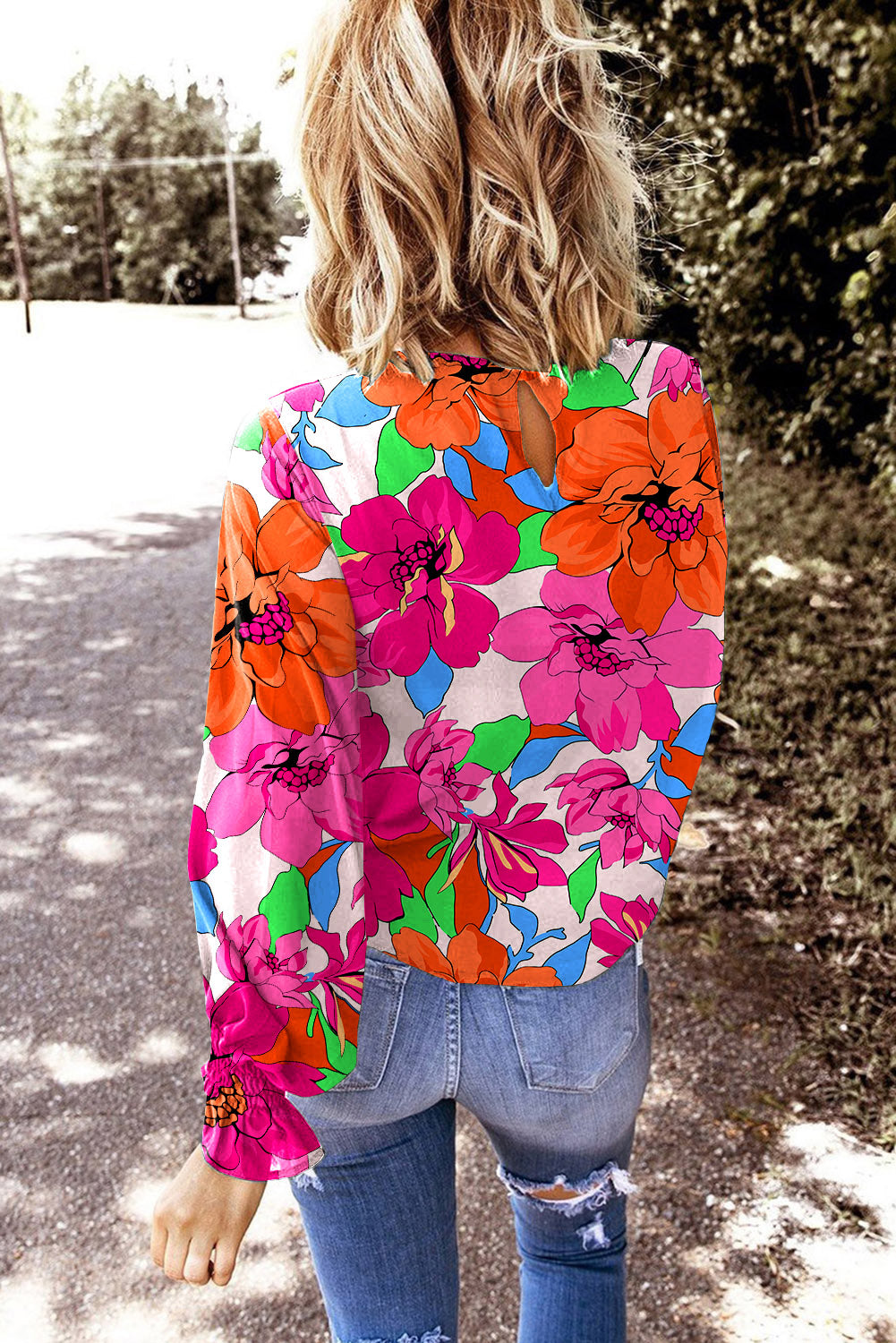 Red Floral Keyhole Back Ruffle Puff Sleeve Blouse Tops & Tees JT's Designer Fashion