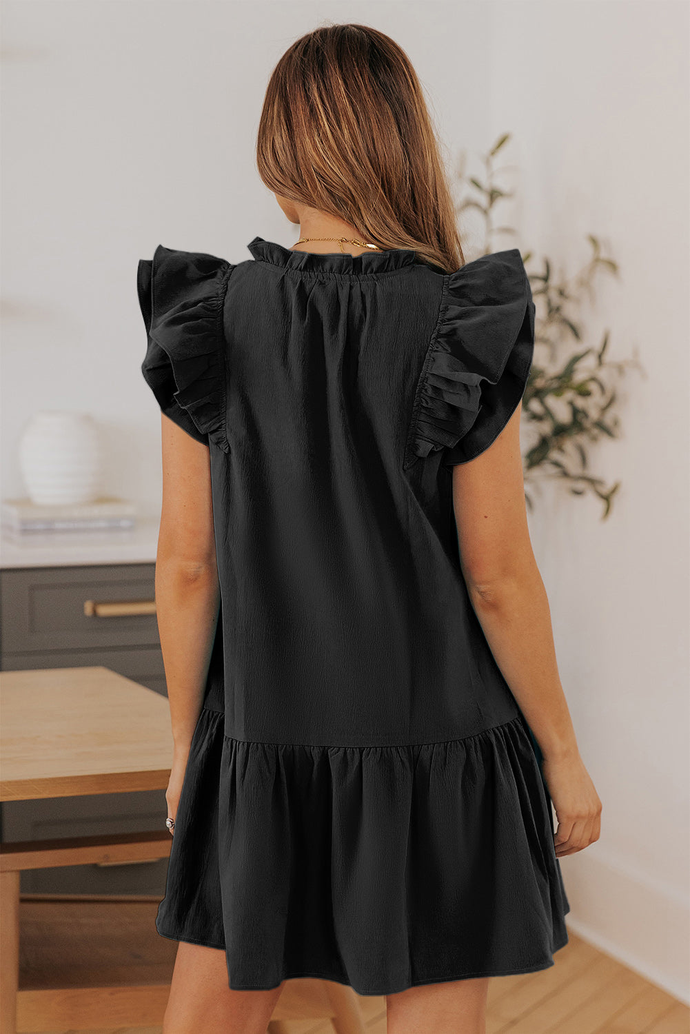 Black Tiered Ruffled Sleeves Mini Dress with Pockets Mini Dresses JT's Designer Fashion