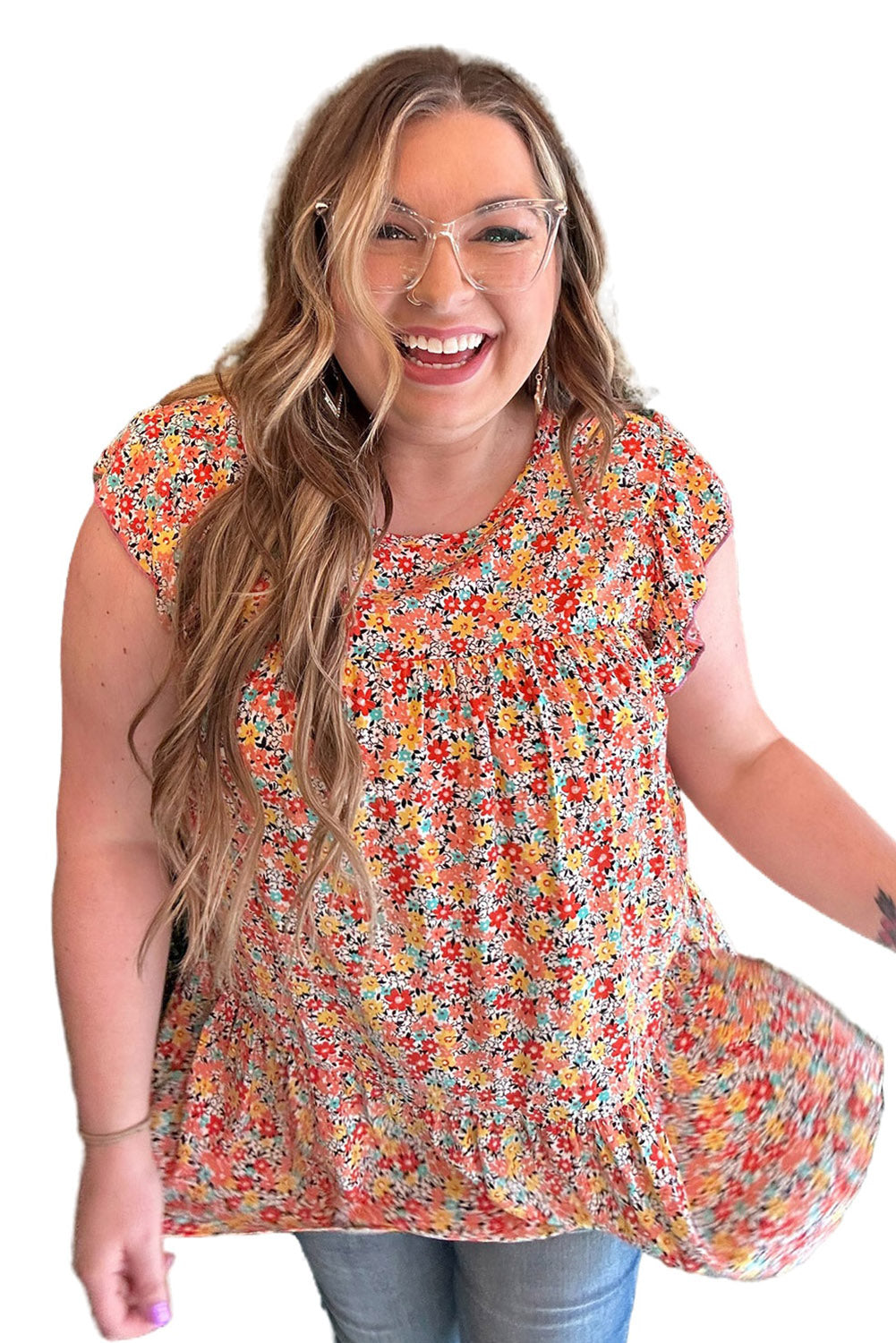 Multicolor Plus Size Boho Floral Print Ruffle Tiered Top Plus Size JT's Designer Fashion