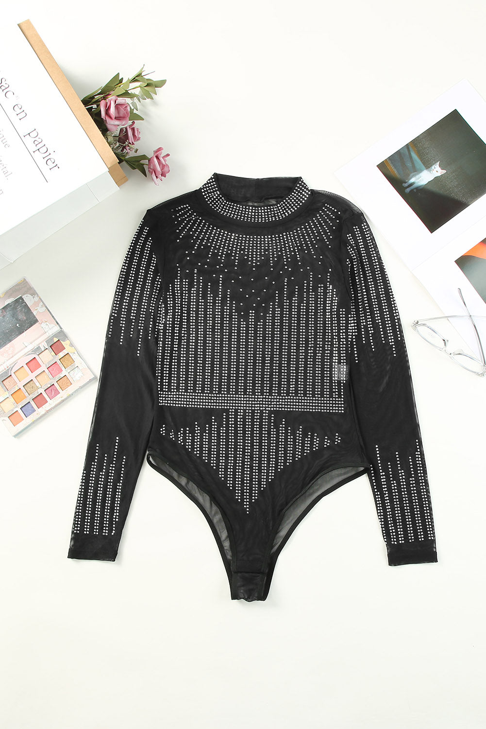 Black Rhinestone Sheer Mesh Long Sleeve Bodysuit Bodysuits JT's Designer Fashion