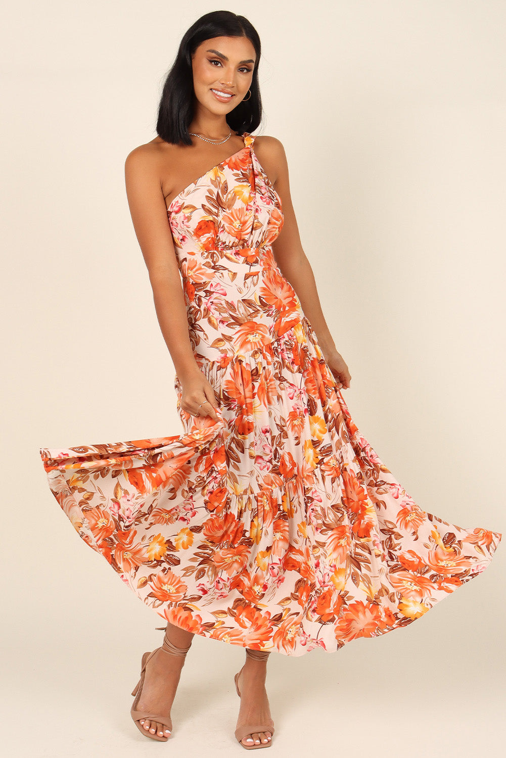 Orange Floral Print Pleated One Shoulder High Waist Maxi Dress Floral Dresses JT's Designer Fashion