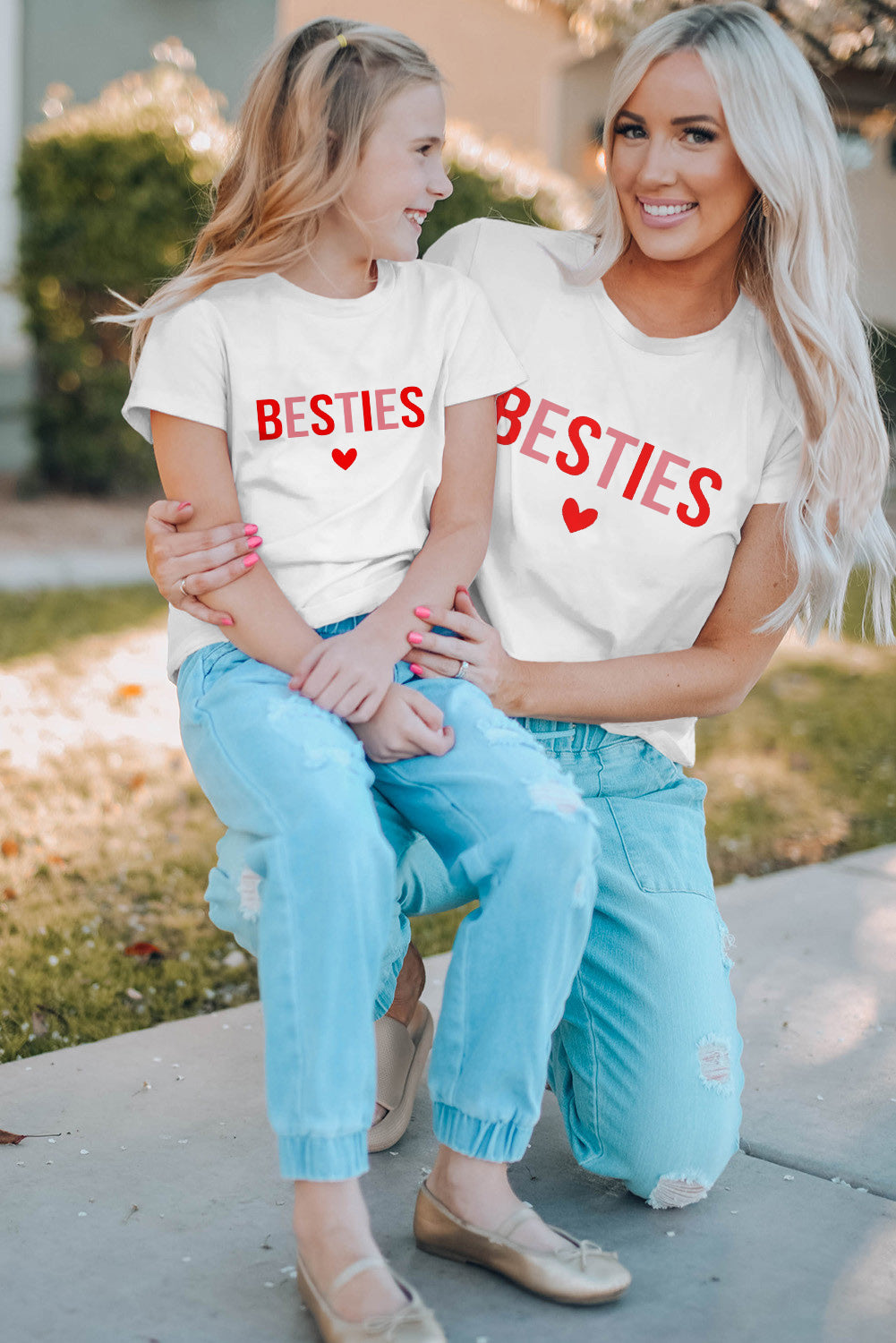 White Family Matching BESTIES Heart Print Short Sleeve Girl's T Shirt Family T-shirts JT's Designer Fashion