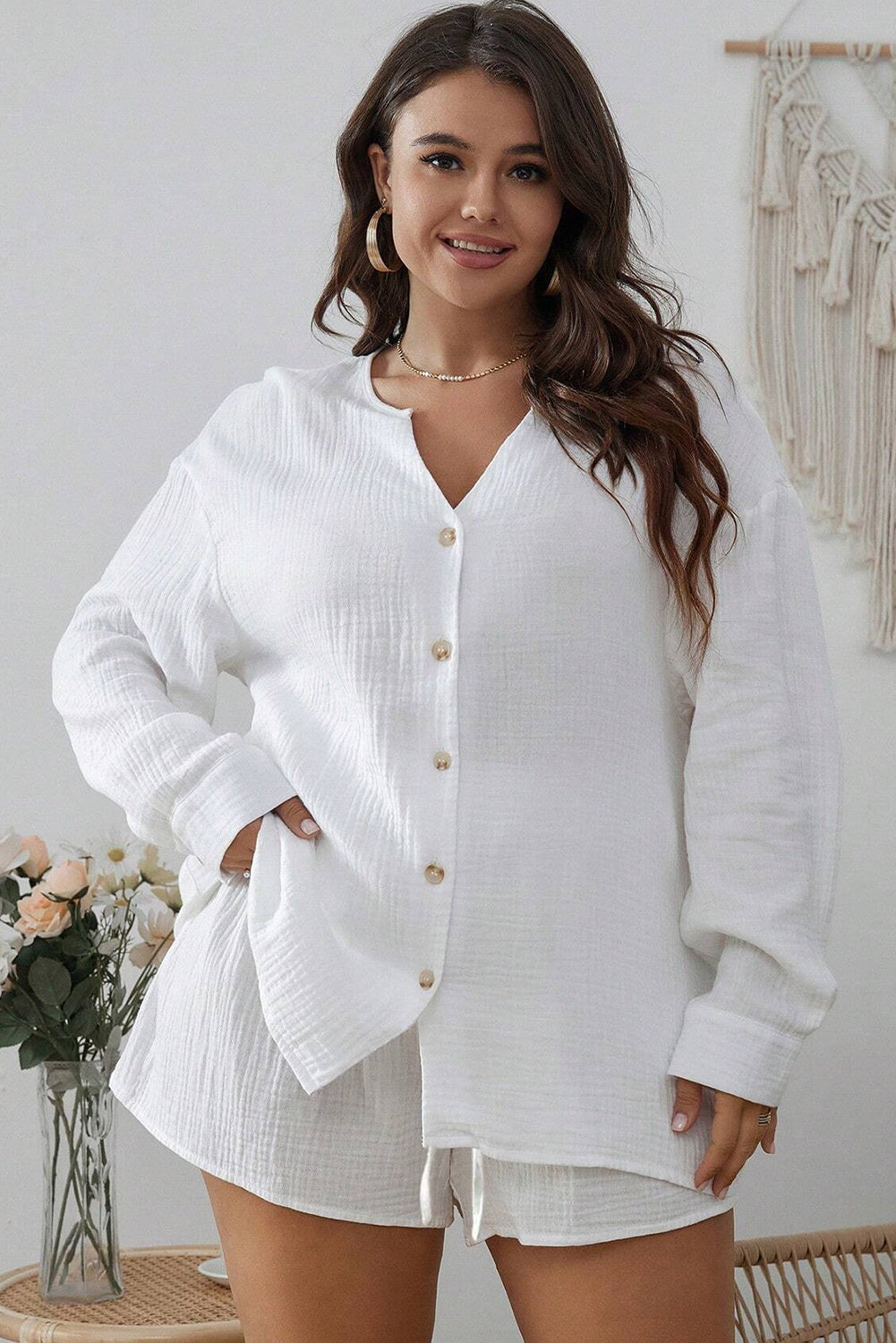 White Plus Size Crinkled Shirt and Drawstring Shorts Set Plus Size JT's Designer Fashion