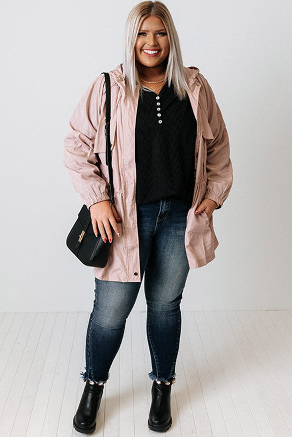 Pink Plus Size Lightweight Zipped Pockets Windproof Hooded Jacket Plus Size JT's Designer Fashion