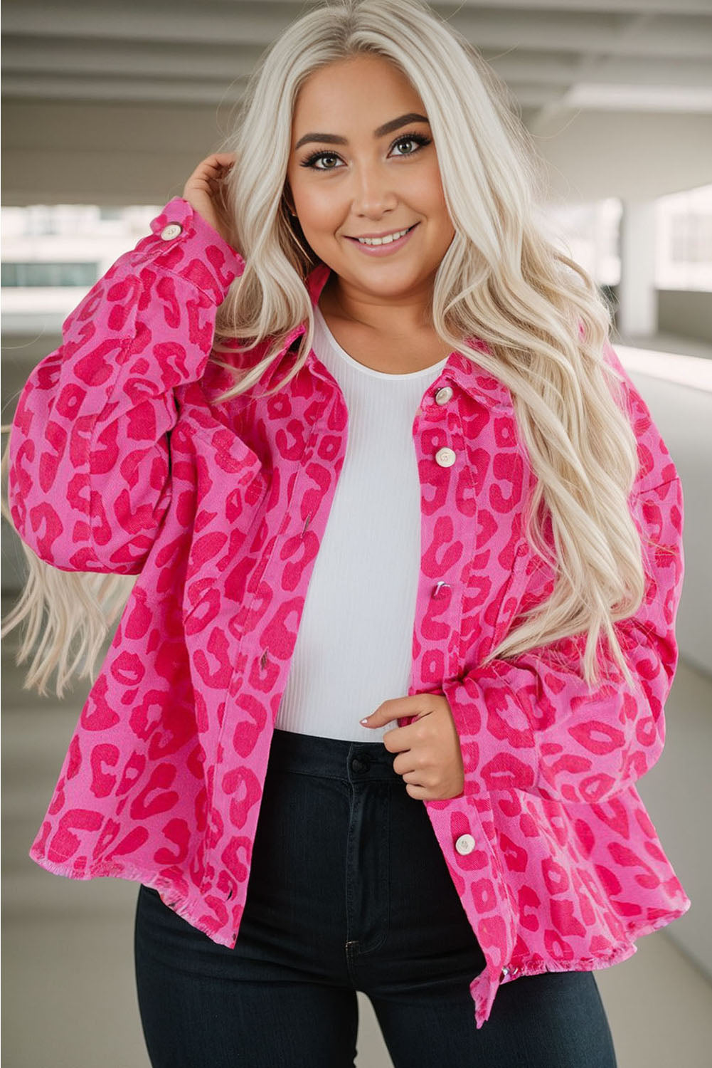 Barbie Style Pink Plus Size Leopard Print Button Cuffs Raw Hem Jacket Denim jackets JT's Designer Fashion