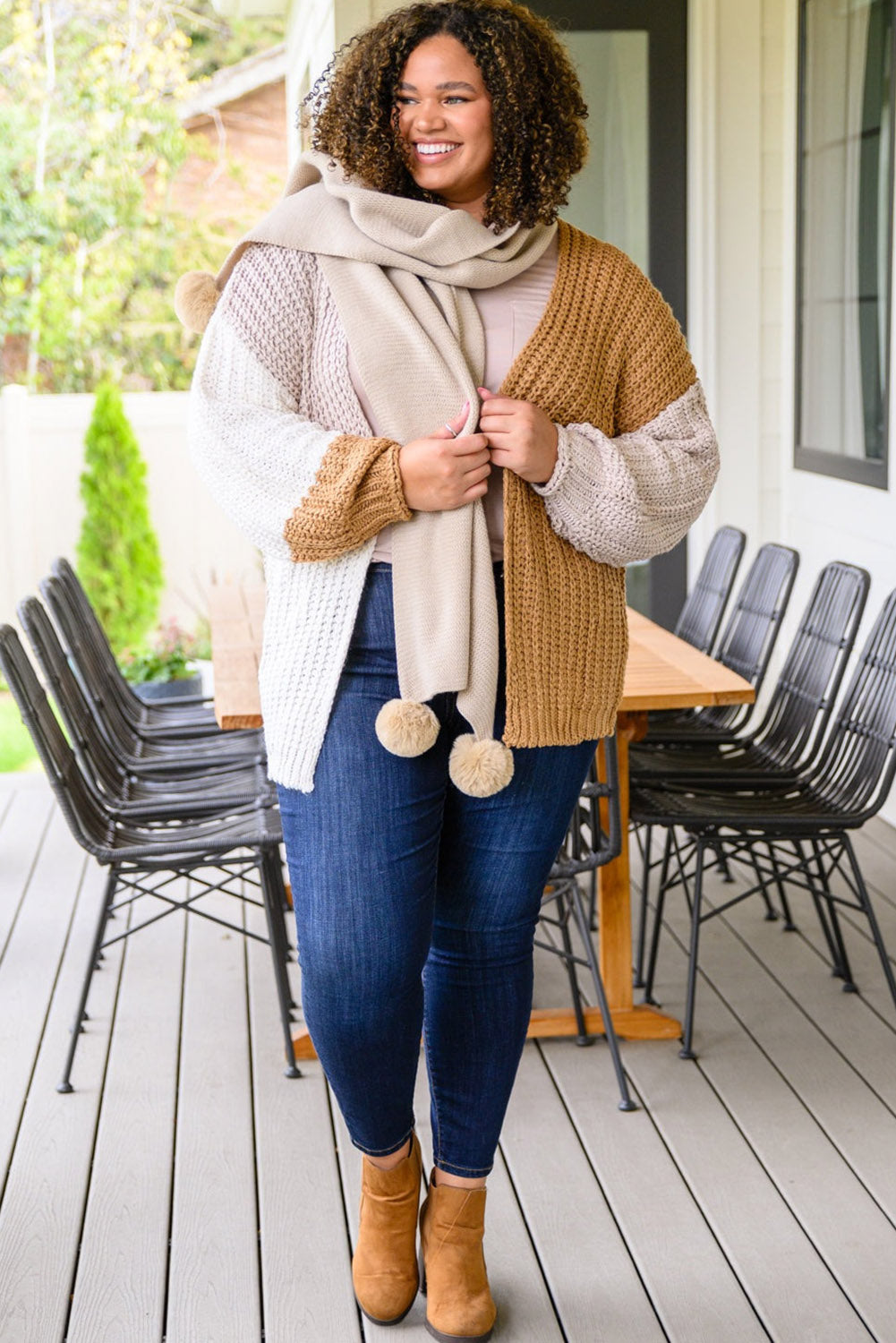 White Color Block Open Front Cable Knit Plus Size Cardigan Plus Size JT's Designer Fashion