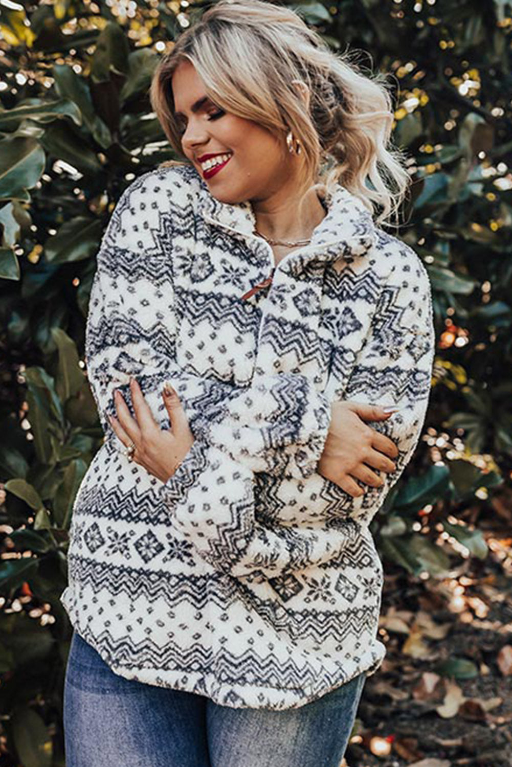 White Sherpa Geometric Print Quarter Zip Plus Size Hoodie Plus Size JT's Designer Fashion