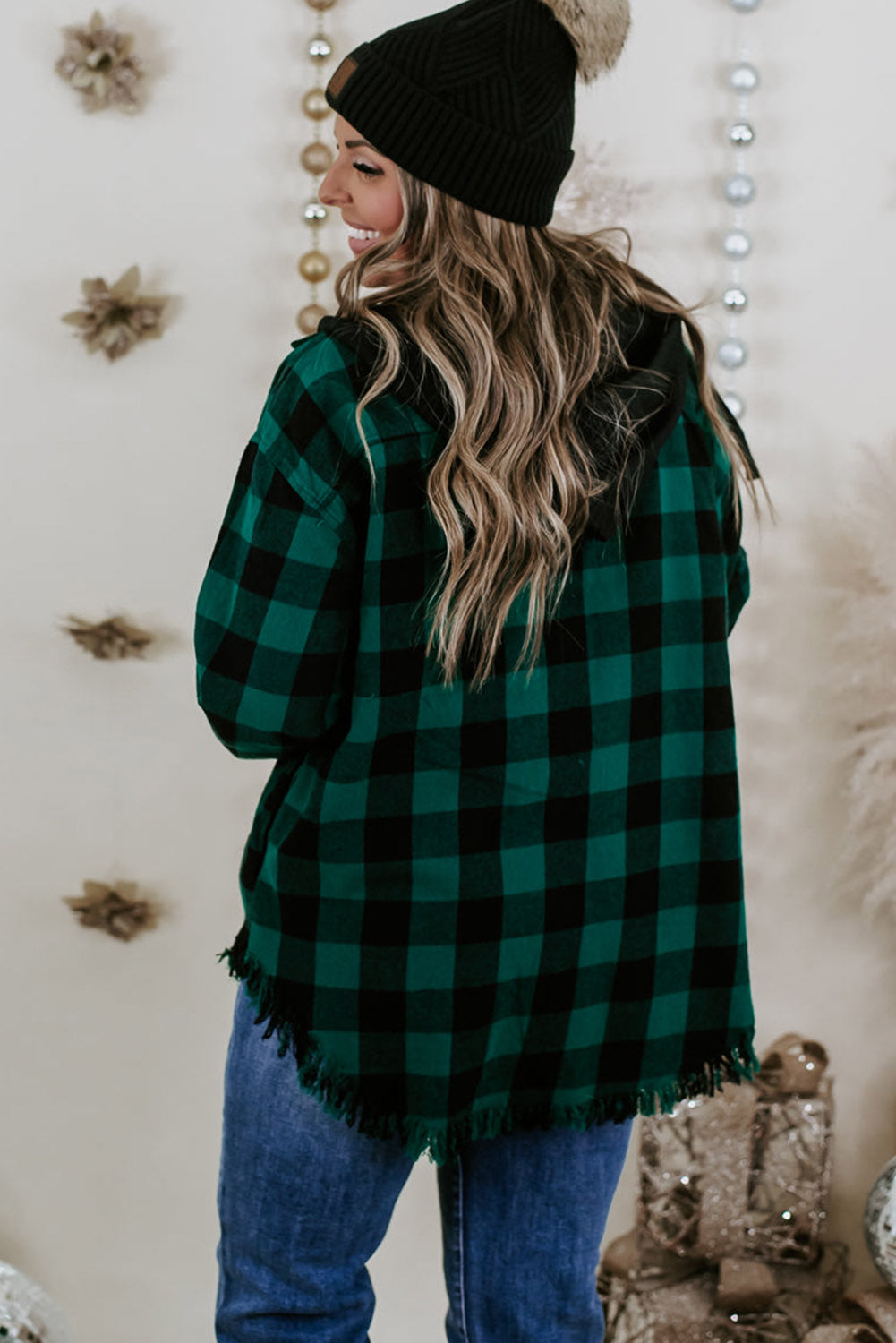 Blackish Green Plus Size Plaid Hooded Distressed Zip-Up Jacket Plus Size JT's Designer Fashion