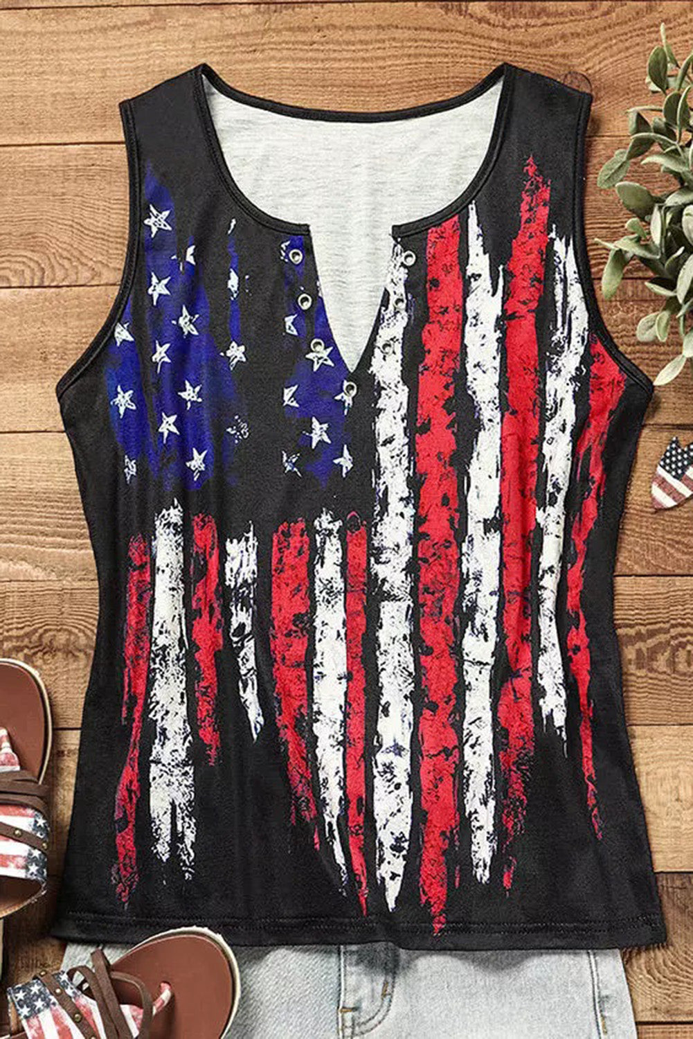 Black American Flag Printed Notched V-Neck Shift Tank Top Tops & Tees JT's Designer Fashion