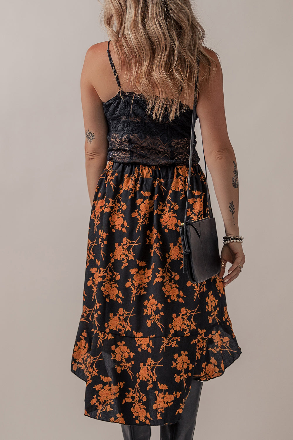 Black Printed Elastic Waist Button Decor Floral Ruffle Skirt Dresses JT's Designer Fashion