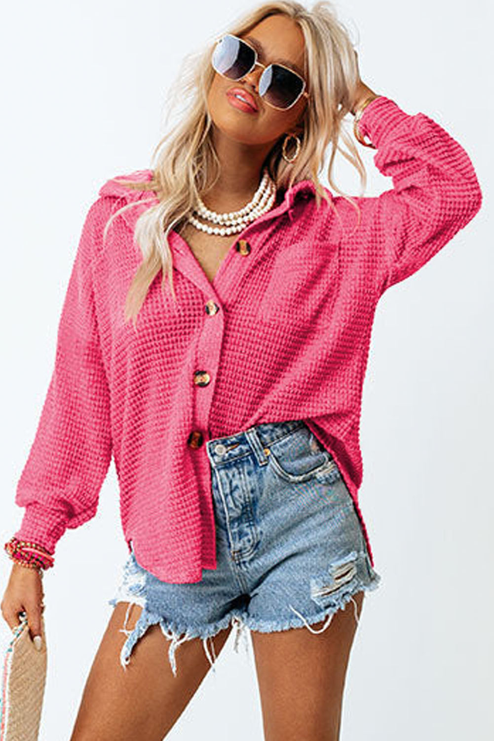 Pink Waffle Knit Button Up Casual Shirt Blouses & Shirts JT's Designer Fashion