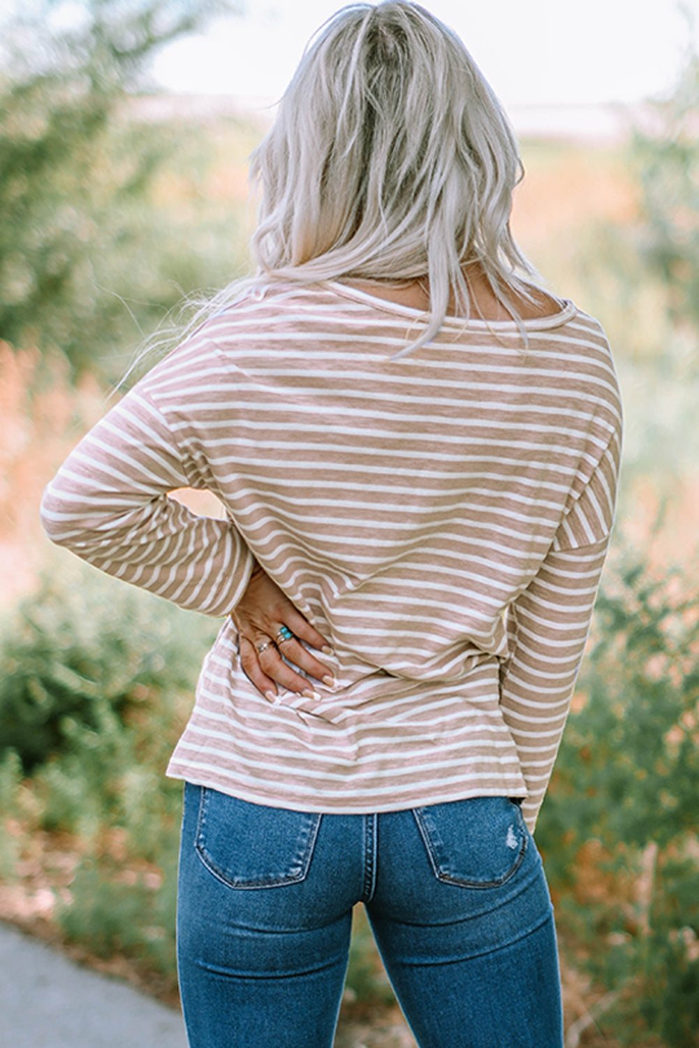 Red Striped Print Drop Shoulder Long Sleeve Top Long Sleeve Tops JT's Designer Fashion