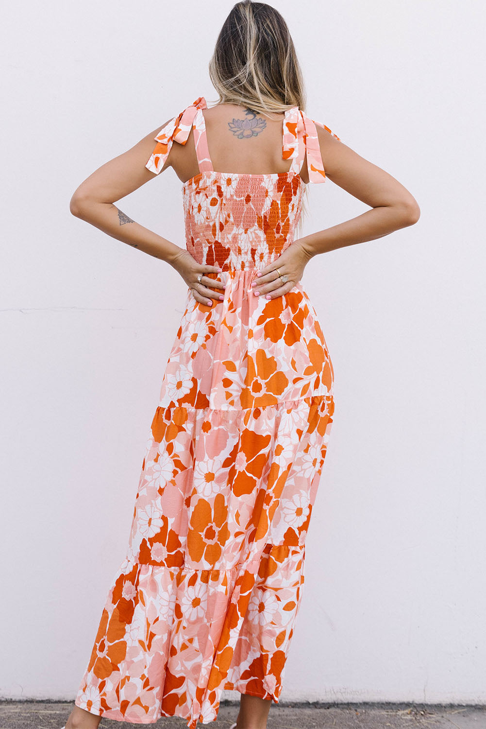 Orange Shirred Lace-up Strap Sleeveless Floral Maxi Dress Maxi Dresses JT's Designer Fashion