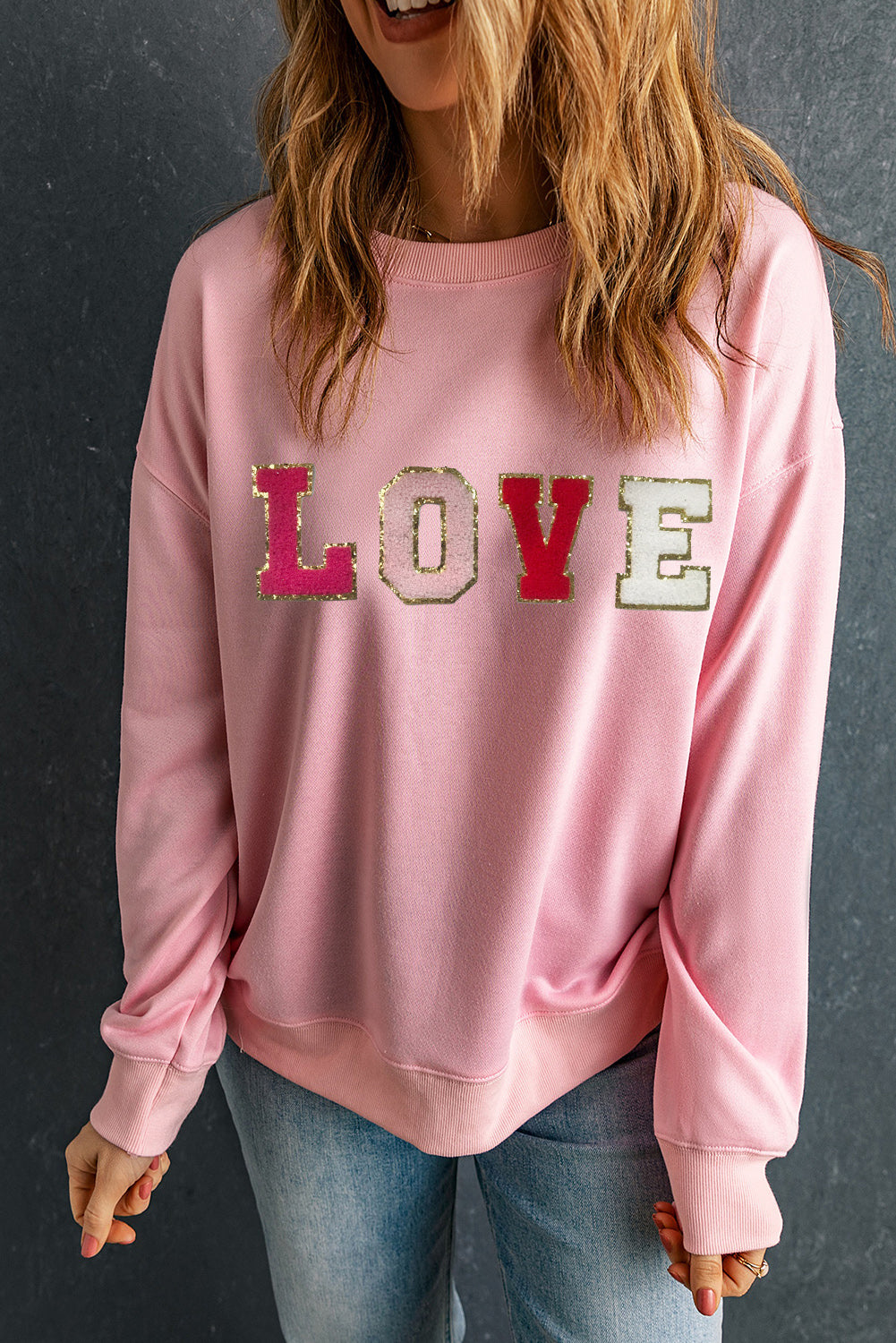 Pink Valentine LOVE Patch Sweatshirt Graphic Sweatshirts JT's Designer Fashion