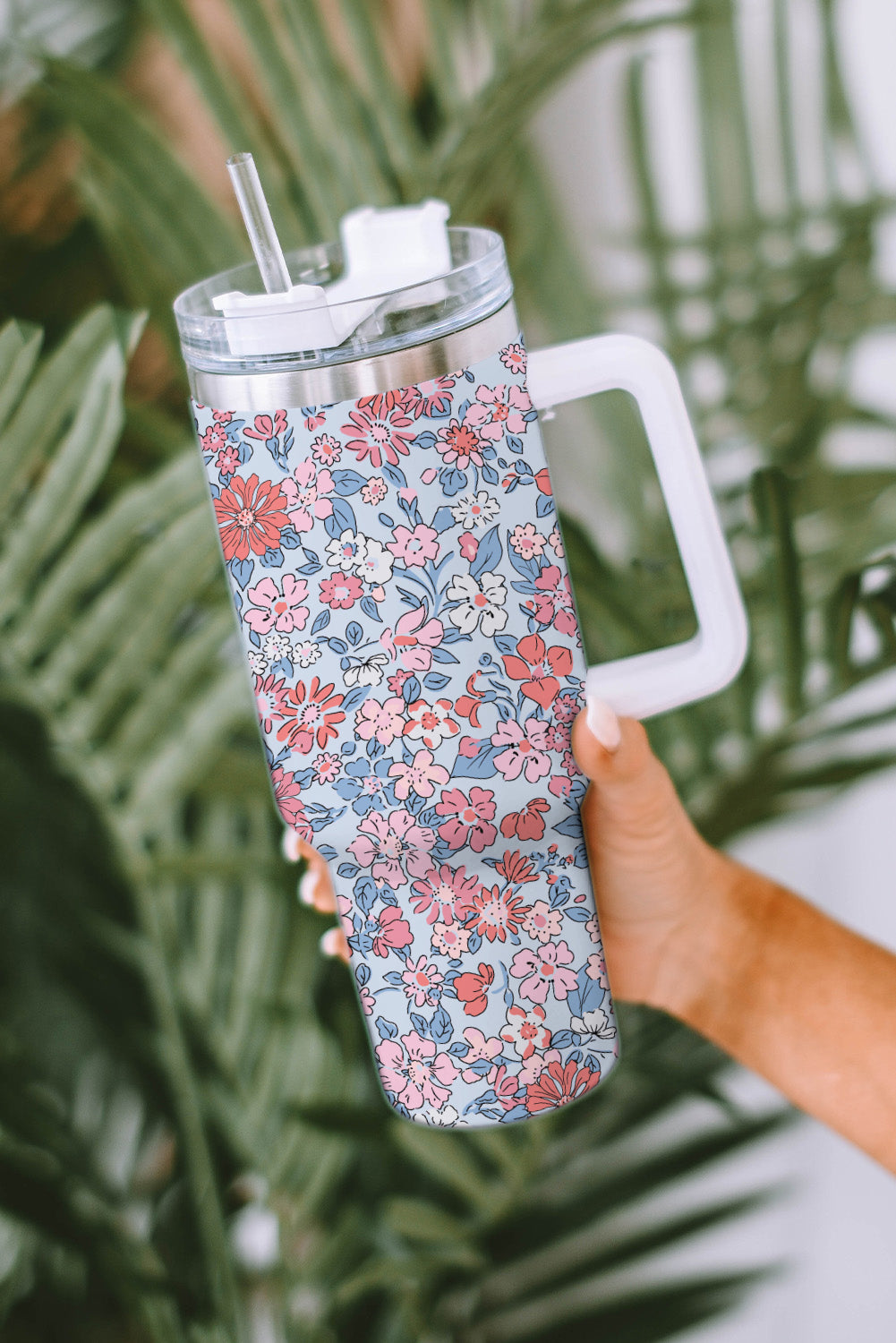 Multicolour Floral Print Handled Stainless Tumbler with Straw Tumblers JT's Designer Fashion