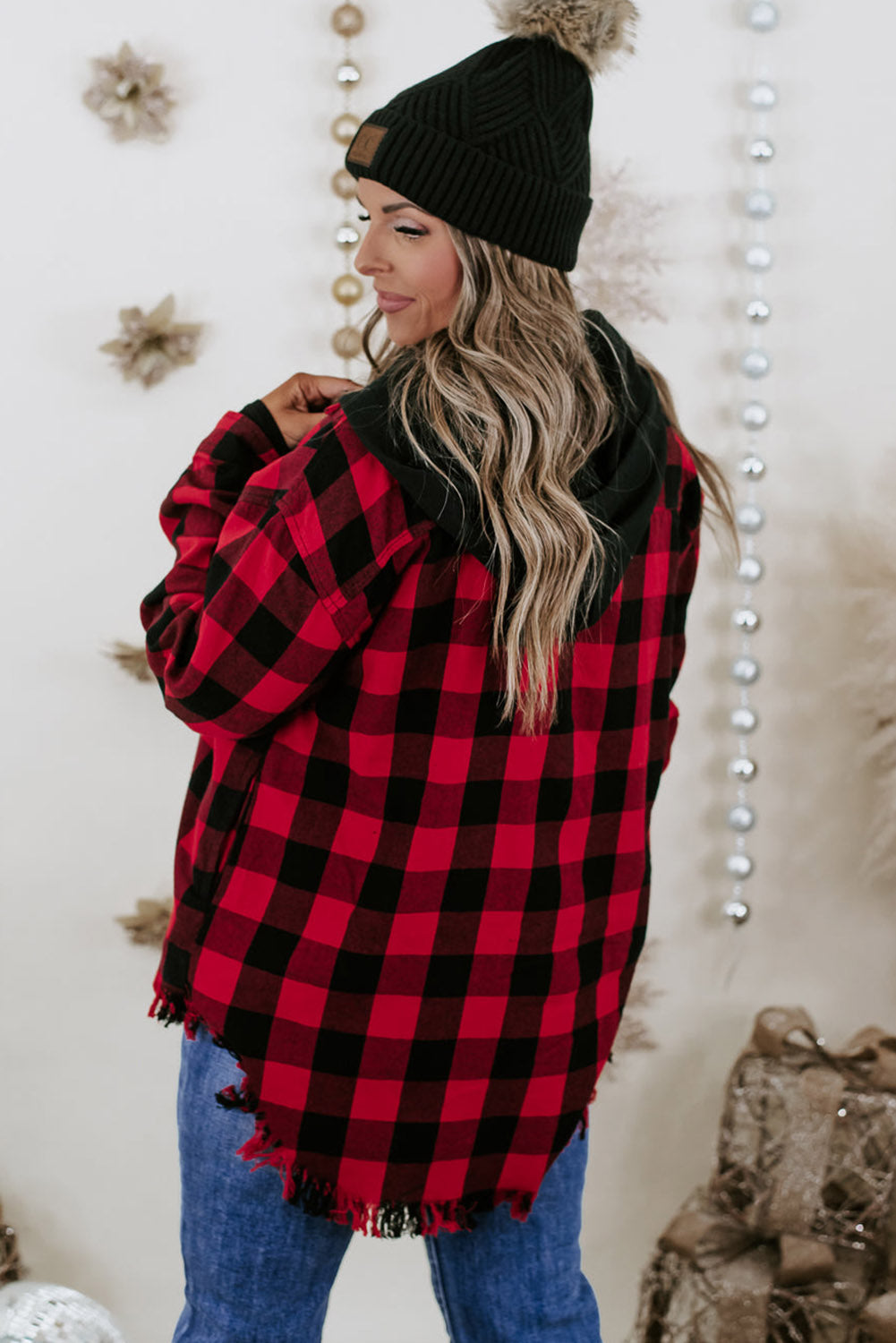 Ruby Plus Size Plaid Hooded Distressed Zip-Up Jacket Plus Size JT's Designer Fashion