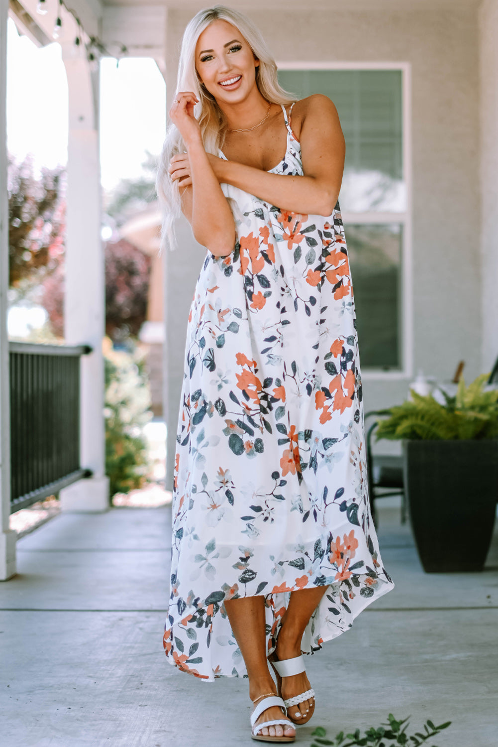 White Floral Print Spaghetti Straps Maxi Dress Maxi Dresses JT's Designer Fashion