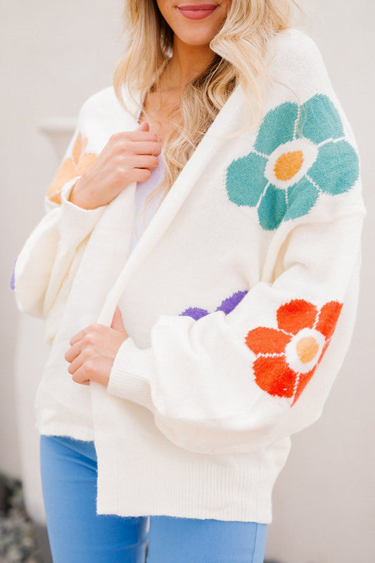 Bright White Flower Graphic Puff Sleeve Open Cardigan Pre Order Sweaters & Cardigans JT's Designer Fashion