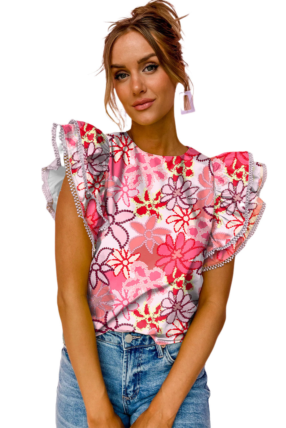 Pink Multicolor Vibrant Floral Print Trimmed Ruffle Sleeve Blouse Tops & Tees JT's Designer Fashion