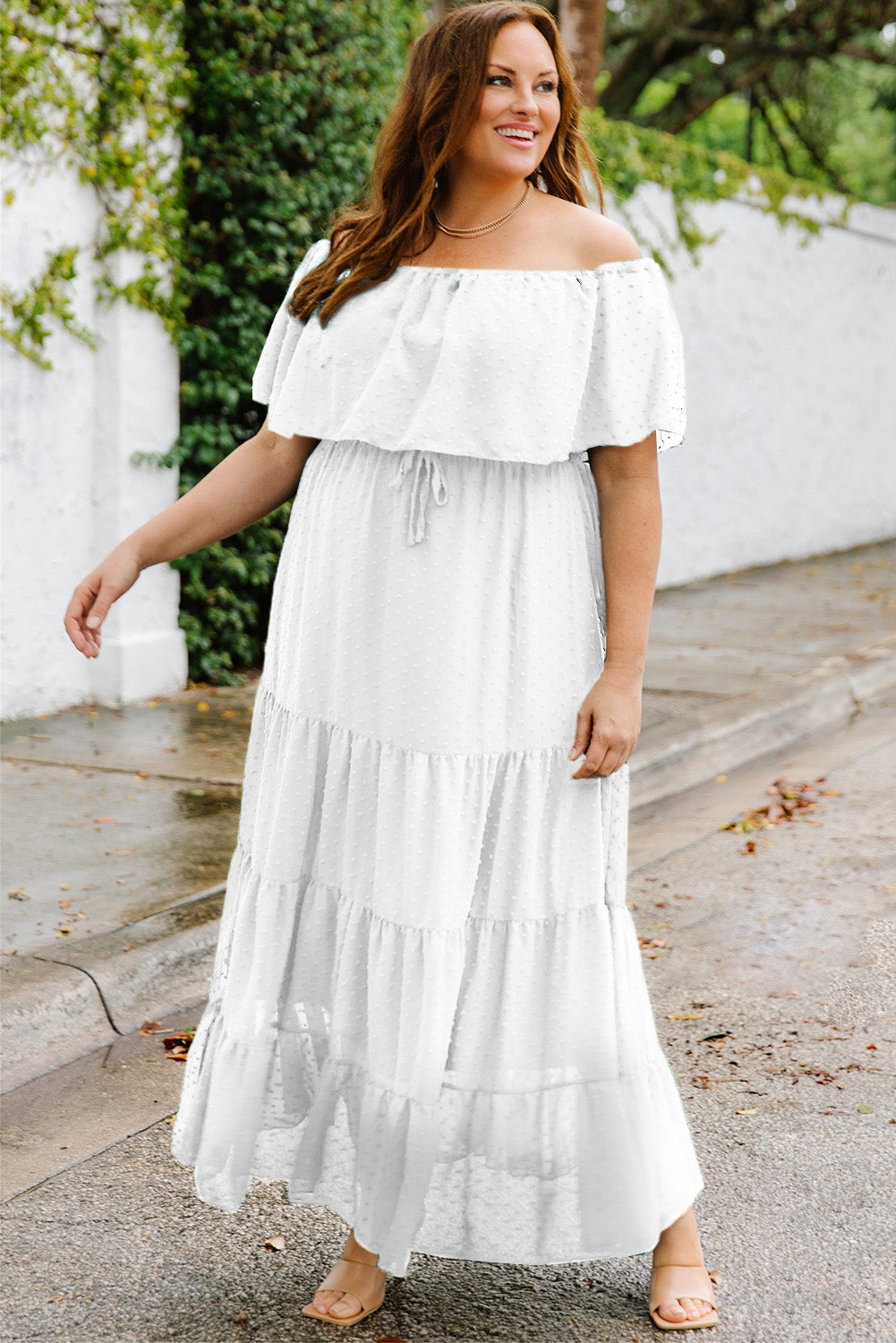 White Swiss Dot Plus Size Ruffle Tiered Maxi Dress Plus Size Dresses JT's Designer Fashion