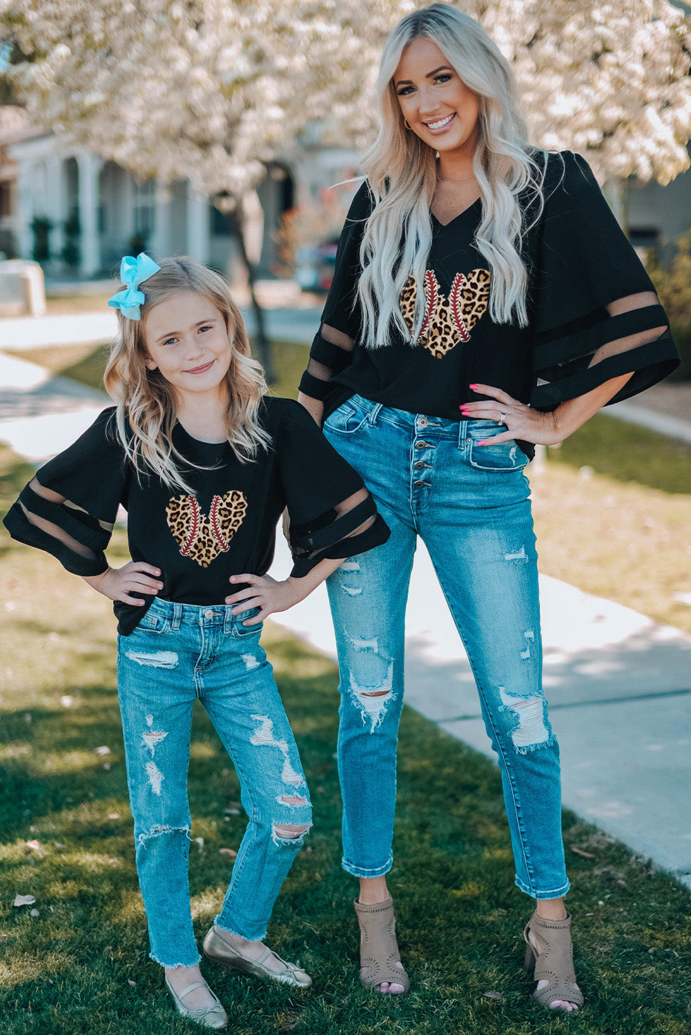 Black Leopard Heart Baseball Seam Print Moms Bell Sleeve Top Family T-shirts JT's Designer Fashion