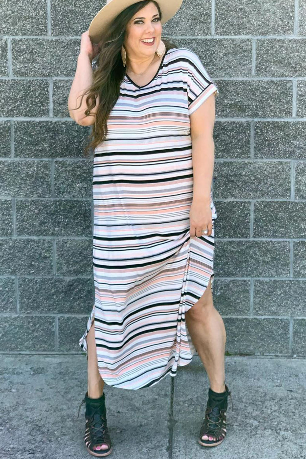 White Striped Print V Neck Side Split Plus Size Dress Plus Size Dresses JT's Designer Fashion