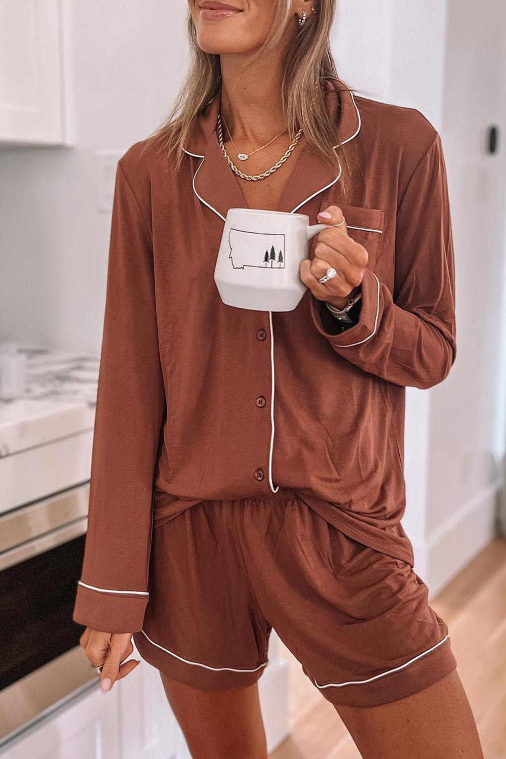 Brown Buttoned Long Sleeve Shirt and Shorts Two Piece Sleepwear Loungewear JT's Designer Fashion