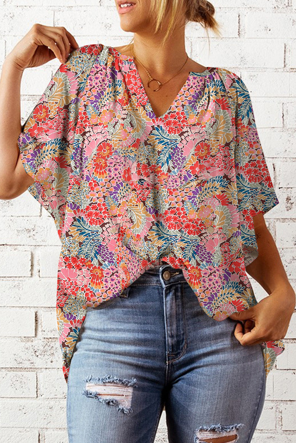 Multicolor Notch V Neck Gorgeous Floral Blouse Blouses & Shirts JT's Designer Fashion