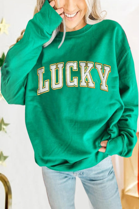 Dark Green LUCKY Graphic Pullover Sweatshirt Pre Order Sweatshirts & Hoodies JT's Designer Fashion