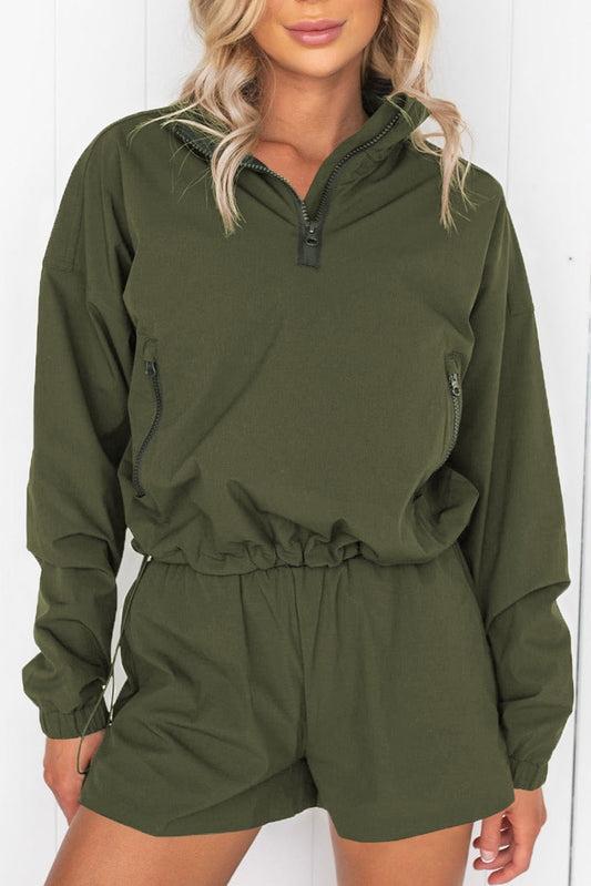 Green Zipped Stand Collar Drawstring Hem Pullover and Shorts Active Set Bottoms JT's Designer Fashion