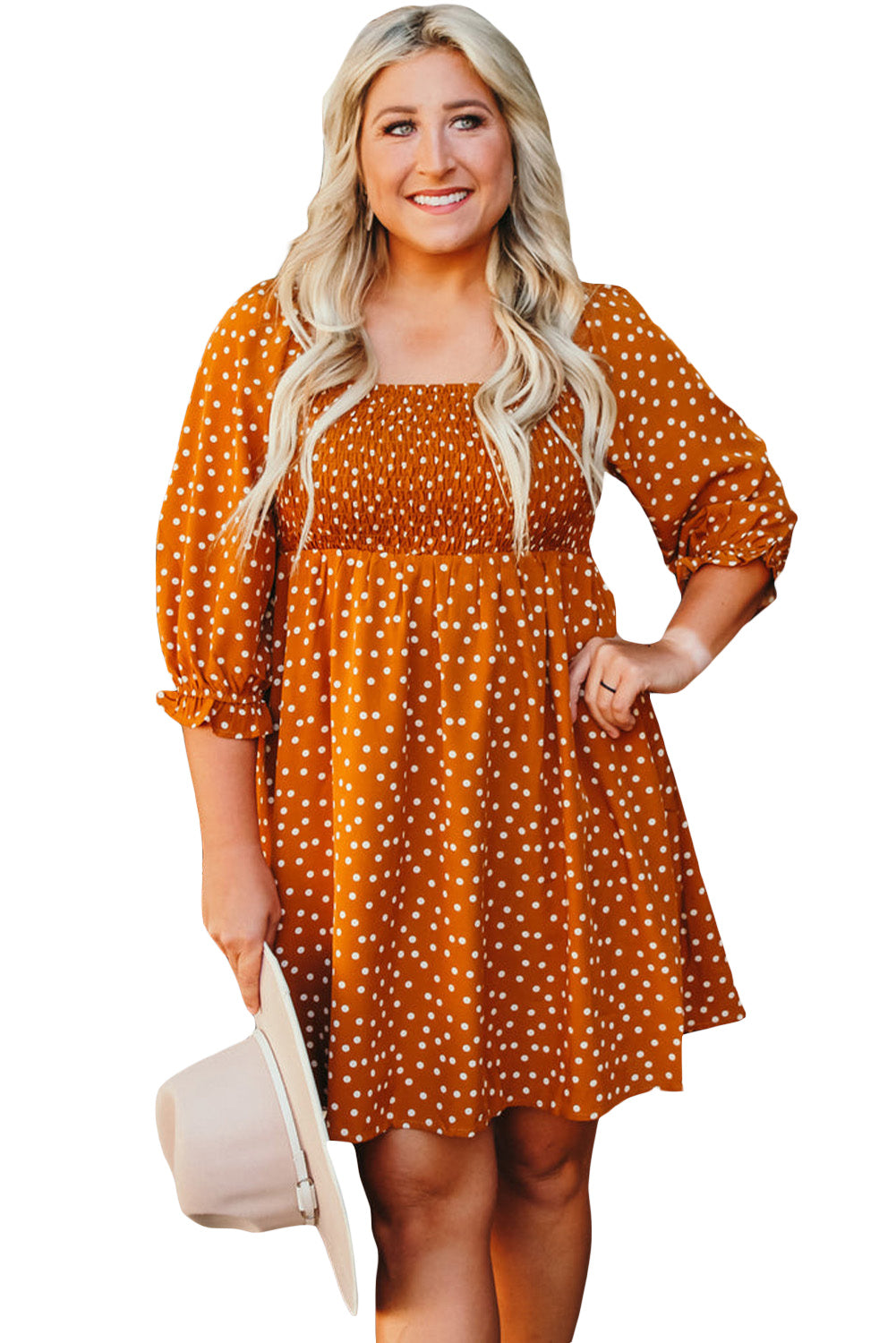 Yellow Boho Dotted Print Smocked Bust Plus Size Dress Plus Size Dresses JT's Designer Fashion