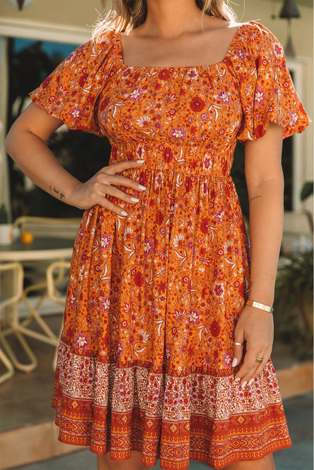 Orange Square Neck Puff Sleeves Flowy Floral Dress Floral Dresses JT's Designer Fashion