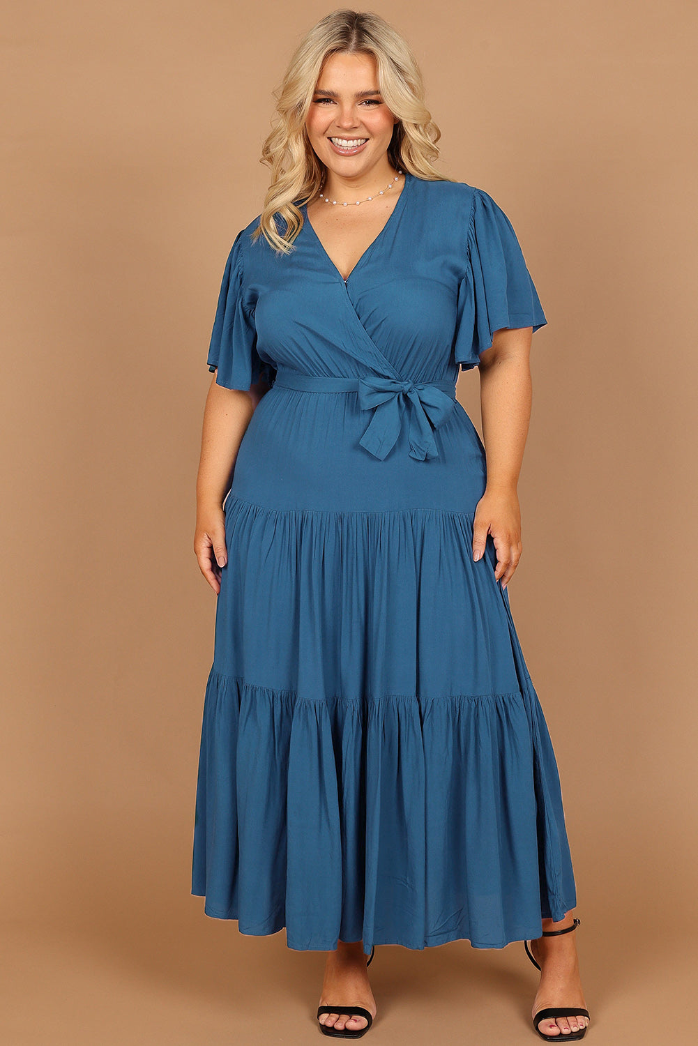 Green Plus Size Pleated Lace-up V Neck Wrap Maxi Dress Plus Size Dresses JT's Designer Fashion