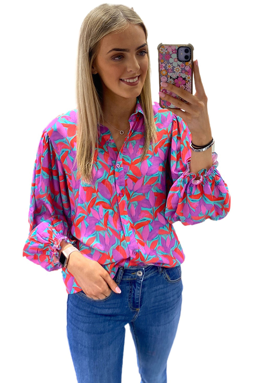 Multicolor Abstract Floral Long Puff Sleeve Shirt Tops & Tees JT's Designer Fashion