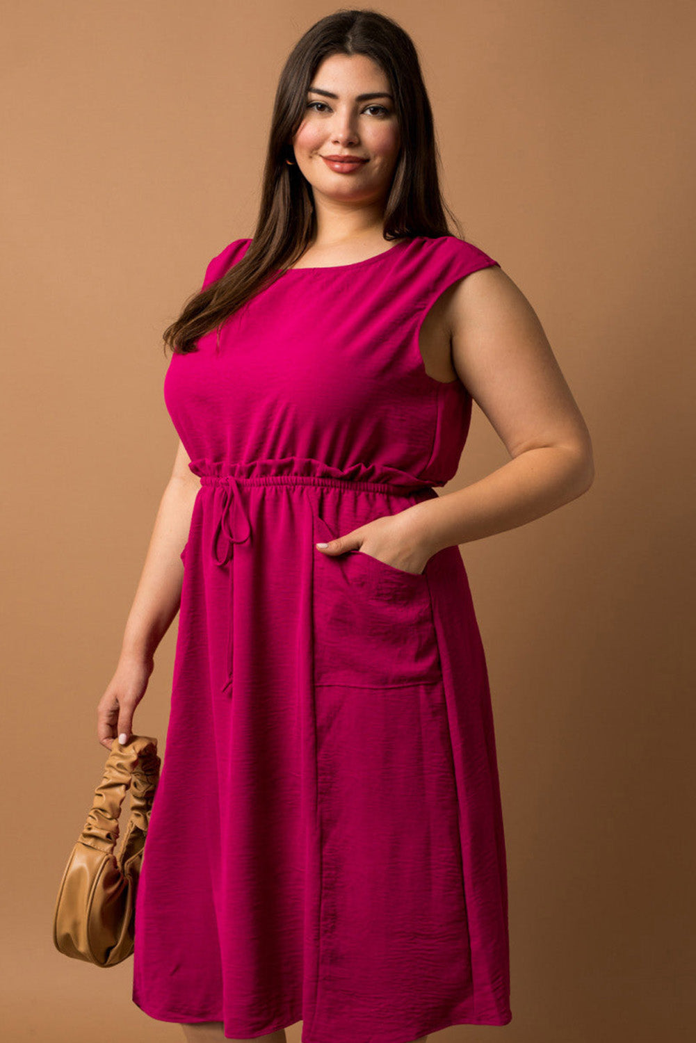 Rose Ruffled Drawstring High Waist Sleeveless Plus Size Midi Dress Plus Size Dresses JT's Designer Fashion