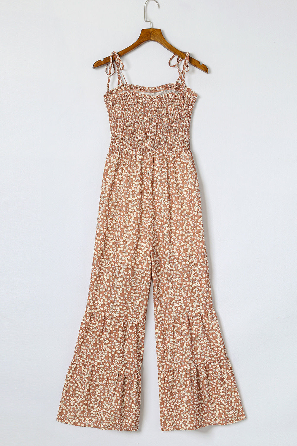 Khaki Thin Straps Smocked Bodice Wide Leg Floral Jumpsuit Jumpsuits & Rompers JT's Designer Fashion