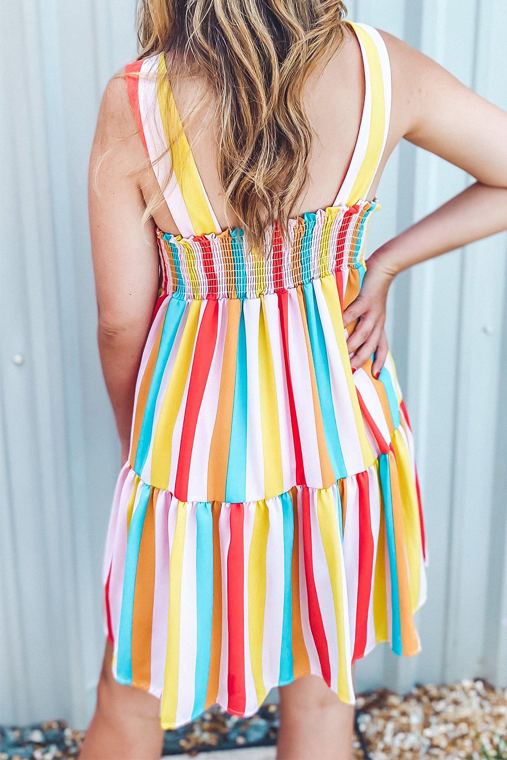 Multicolor Rainbow Stripe Print Tiered Sundress Mini Dresses JT's Designer Fashion