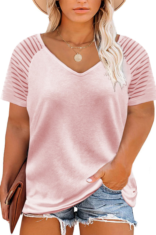 Pink White White Striped Raglan Sleeve Plus Size Tee Tops & Tees JT's Designer Fashion