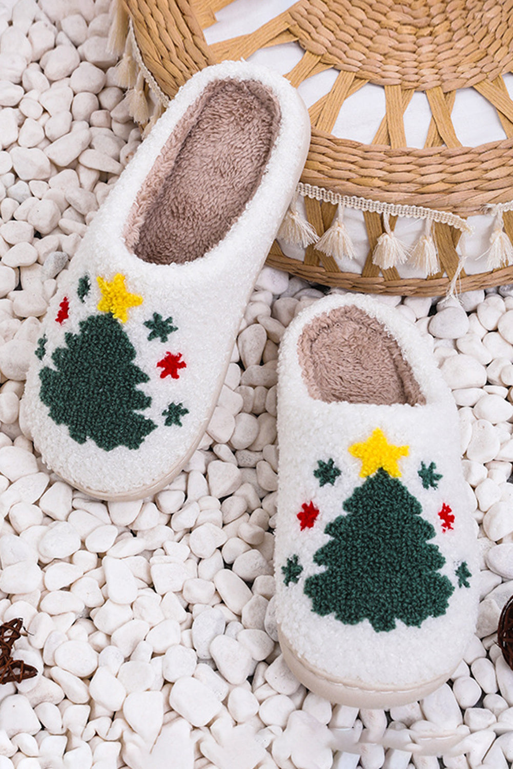 White Fuzzy Christmas Tree Pattern Home Slippers Slippers JT's Designer Fashion