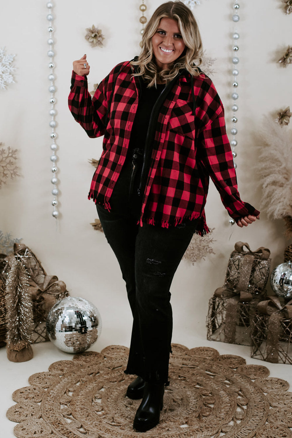 Ruby Plus Size Plaid Hooded Distressed Zip-Up Jacket Plus Size JT's Designer Fashion