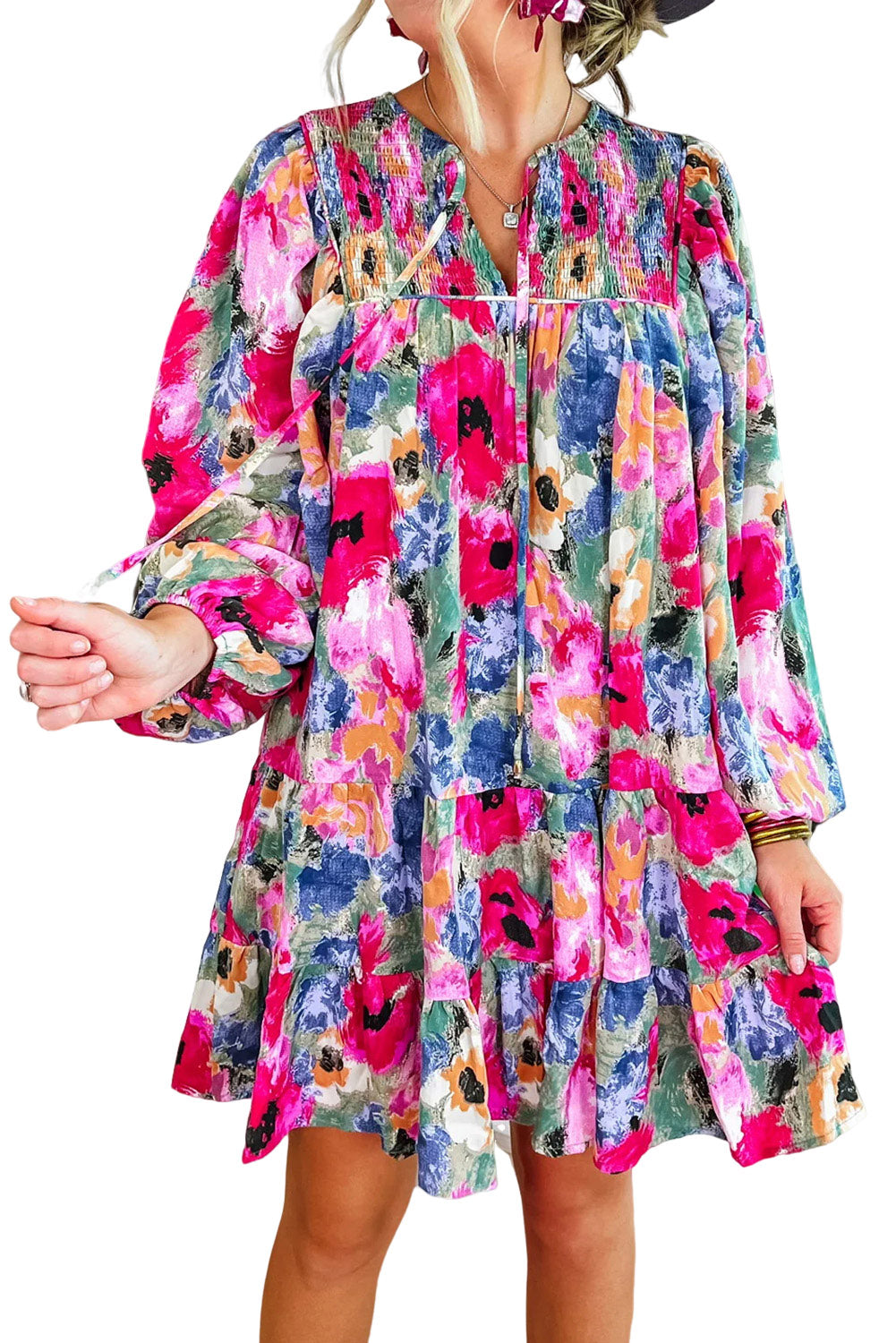 Multicolour Floral Tie Neck Bubble Sleeve Shift Dress Floral Dresses JT's Designer Fashion